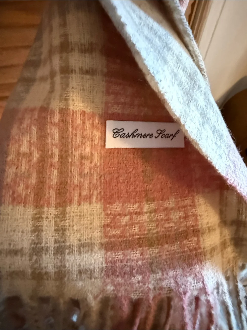 Cashmere Scarf in Peach and Cream Plaid